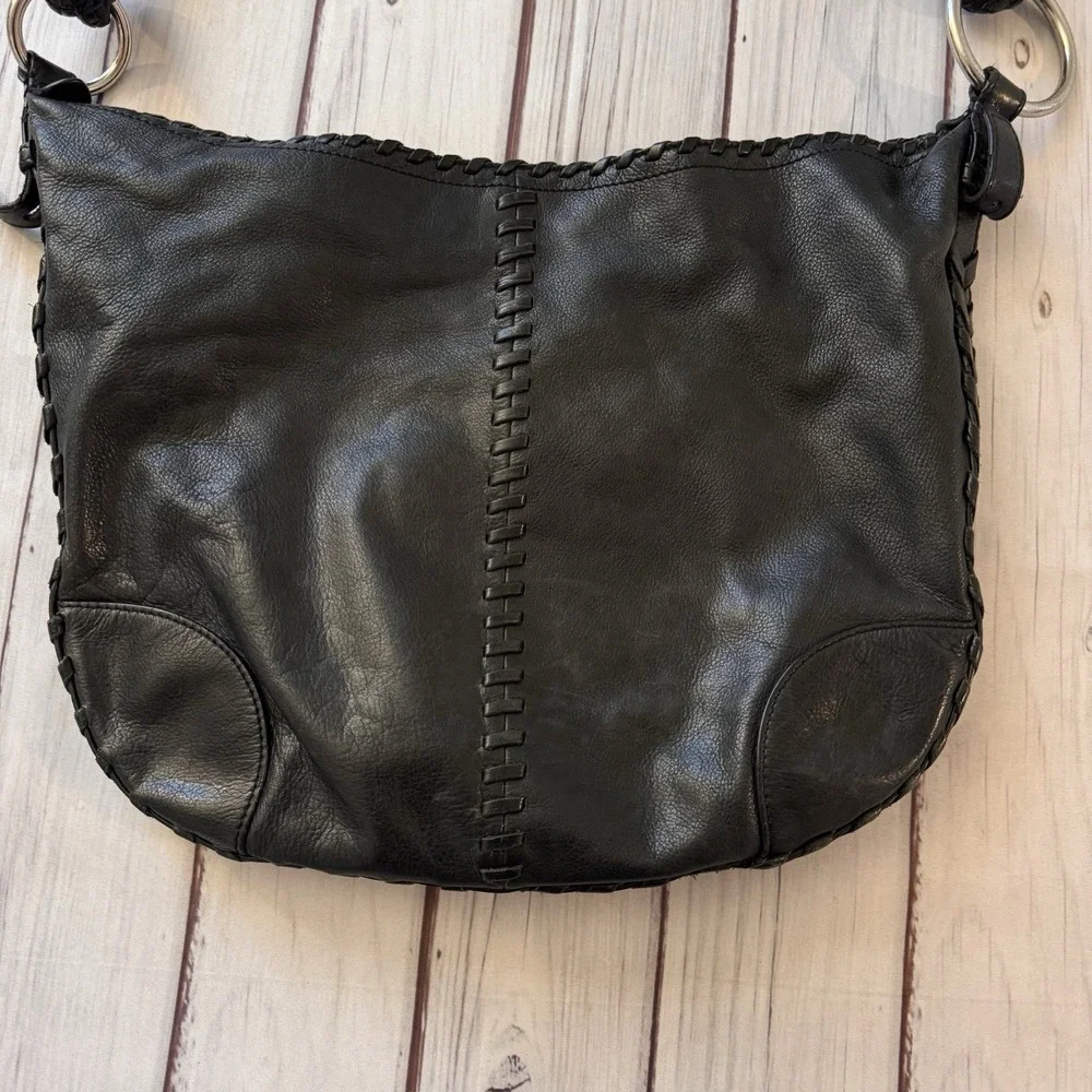 Ralph Lauren Black‎ Leather Braided Strap Hobo Shoulder Bag Whipstitch Rings